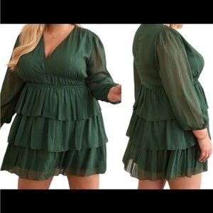 ARULA Belen Mini Green Long Sleeve Tiered Dress
